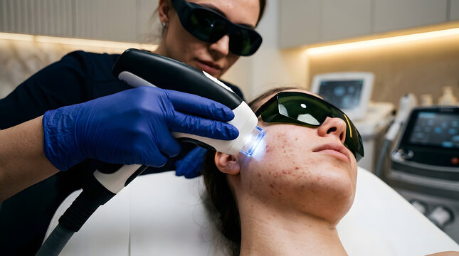 Patient receiving intense pulsed light laser therapy for acne