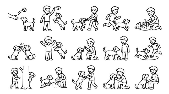 Owner and Dog Activities Outline Icon Set