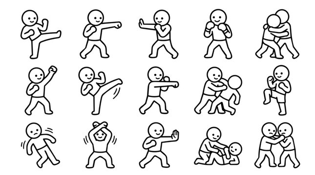 Set of fighting and martial arts actions