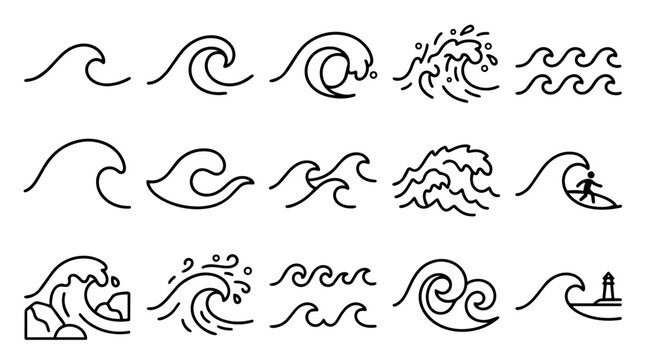Stylized ocean wave and surfing icons collection