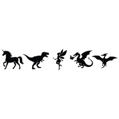 Set of fantastic creatures and mythical beasts vector silhouette illustration icons. © MdBacchu