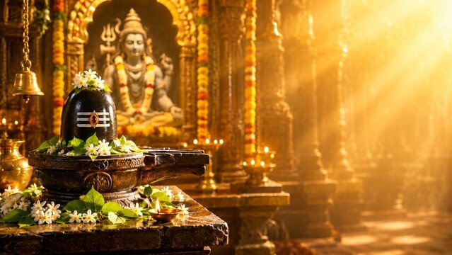 Sacred Pradosh Vrat puja setup featuring a decorated Shiva Lingam with white flowers and bel patra in the foreground. A divine statue of Lord Shiva sits in a golden, sunlit temple background.