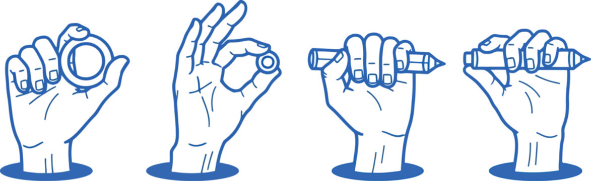 Vector illustration of hands holding various objects in blue lines