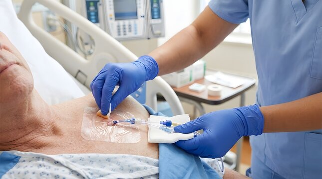 Nurse wearing blue gloves inserting intravenous IV cannula catheter into elderly patient arm in hospital showing medical treatment infusion therapy venipuncture and professional healthcare nursing 