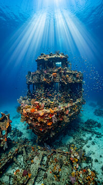 Naufragio hist&oacute;rico completamente cubierto de coral, esponjas y abanicos de mar, con peces tropicales entrando por portillas rotas en luz azul submarina.
