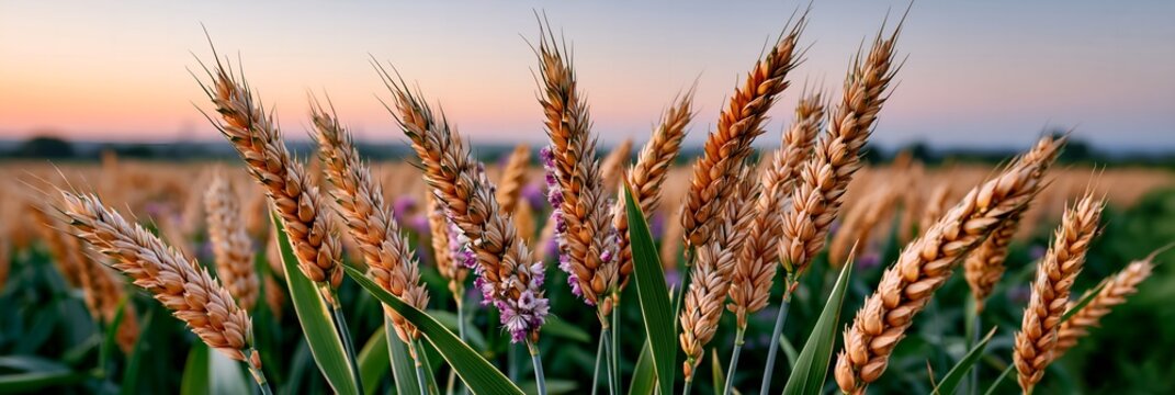 Golden wheat ears sway gently in a field at sunset.
