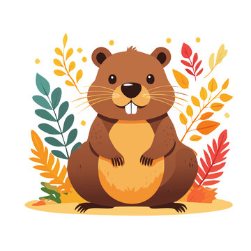 Cute groundhog with autumn leaves