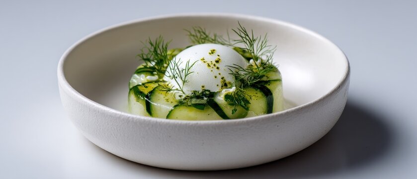 Cold cucumber gazpacho with dill oil served in minimalist white bowl