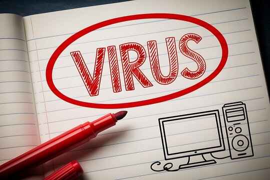 Hand drawing virus word with computer illustration on paper