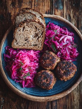 Traditional Danish frikadeller served with pickled red cabbage and rye bread on a rustic farmhouse table.