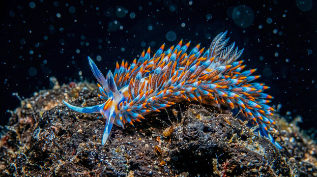 Nudibranquio de colores ne&oacute;n el&eacute;ctrico en macro extremo sobre fondo rocoso oscuro, con cada proyecci&oacute;n del cuerpo en detalle microsc&oacute;pico.
