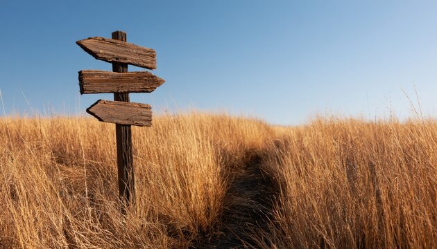 Rustic wooden signpost points in three directions within a golden dry grassy field