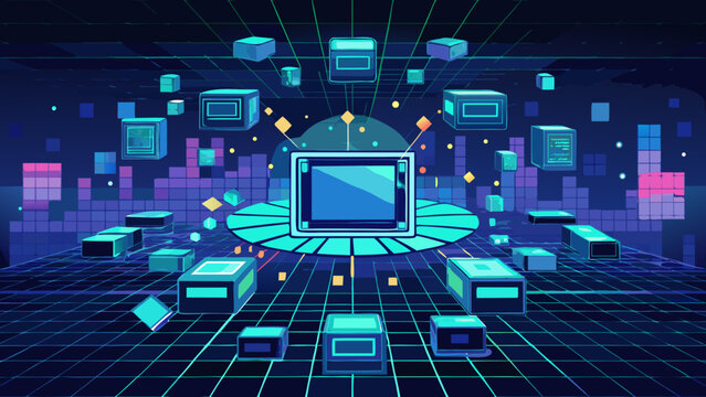 Futuristic digital data hub with floating holographic screens and glowing neon grid holographic futuristic technology computer interface cyberspace abstract information intelligence analysis