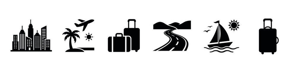 Obraz premium Travel and tourism black silhouette icon set featuring city skyline, tropical beach, luggage, mountain road, sailboat, and suitcase for vacation planning and trip navigation