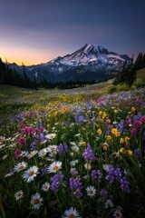 Obraz premium Wildflower meadow in front of Mount Rainier during sunset