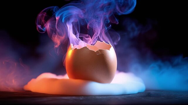 A Stunning Visual of an Egg Shell with Colorful Smoke Emanating from Its Cracked Surface, Signifying Transformation and New Beginnings in a Mysterious Atmosphere