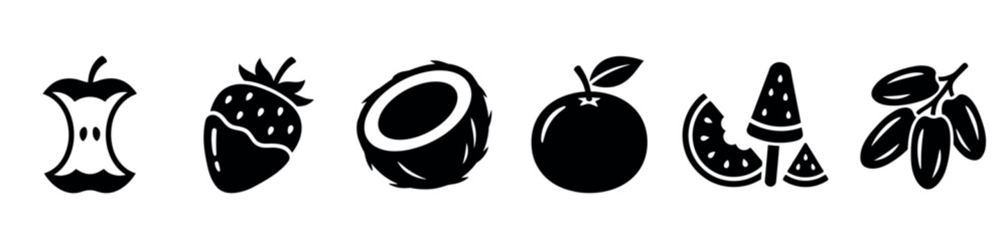 Fruit icons set including apple core strawberry coconut orange watermelon and dates for healthy food design organic nutrition and summer snack illustrations in a minimalist black style