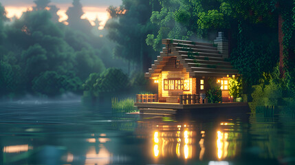 Fototapeta premium Tranquil lakeside cabin in misty forest at sunset with reflective water surface