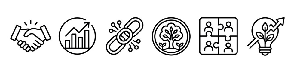 Fototapeta premium Business and sustainability line icon set including handshake growth chart blockchain link tree environment teamwork puzzle and green energy light bulb for corporate strategy