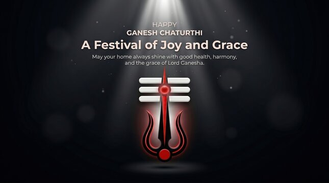 Ganesh chaturthi festival greeting poster featuring traditional shiva trishul symbol with glowing red accents set against a dark atmospheric background with light rays