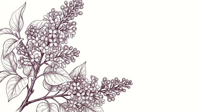 Lilac Flower Cluster Pencil Drawing, Detailed Botanical Illustration of Syringa Vulgaris for Herbal and Garden Themed Graphic Design Projects