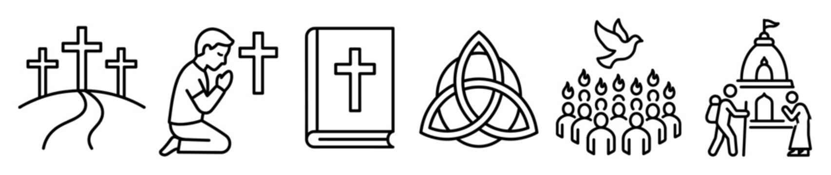 Christian religious icons set featuring holy bible, three crosses on calvary hill, praying man, trinity knot symbol, pentecost holy spirit dove, and pilgrimage to temple