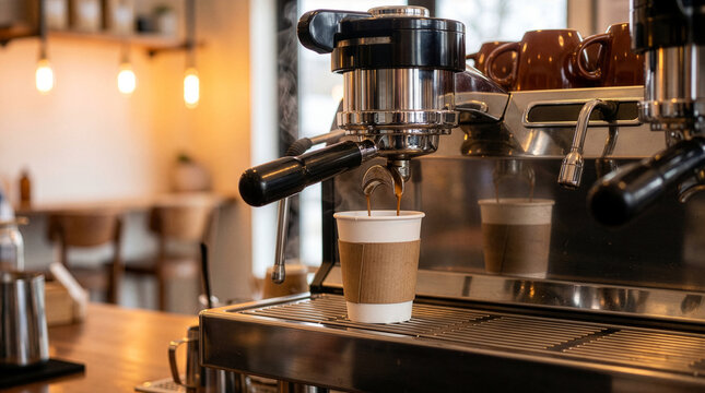 Fresh espresso pouring from a professional coffee machine into a blank paper takeaway cup. Warm and cozy cafe interior with blurred background, perfect for coffee shop branding and commercial mockups.