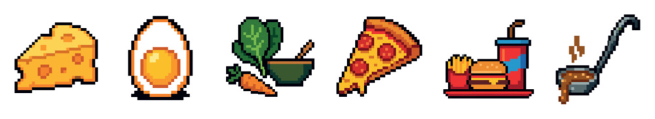 Obraz premium Pixel art food icons set including cheese, boiled egg, salad, pepperoni pizza, fast food burger combo, and a ladle of hot soup