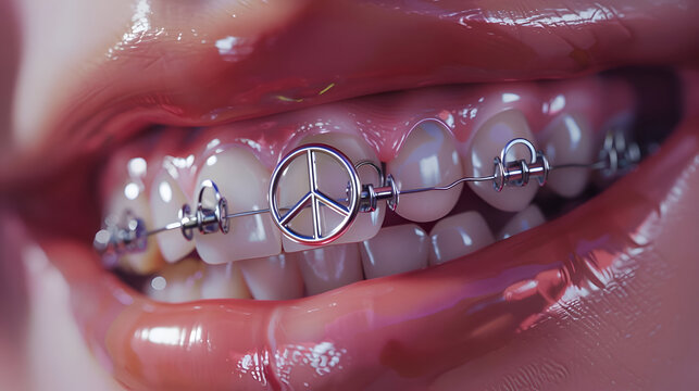 Close-up of braces with peace symbol on teeth