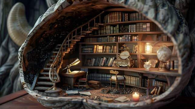 Cozy miniature library inside a giant walnut shell with books, lamp, and candle