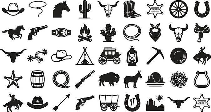 Collection of western themed icons and symbols on white background