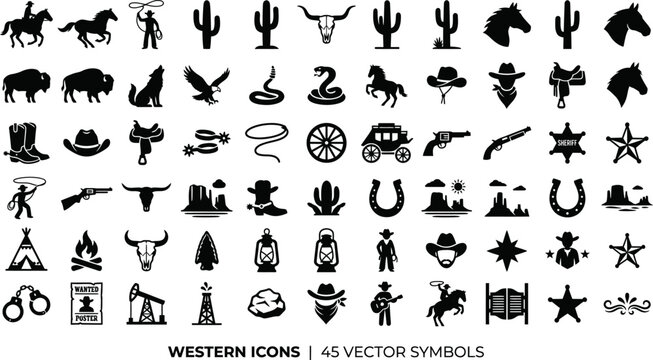 Collection of western icons and symbols in black silhouette on white background