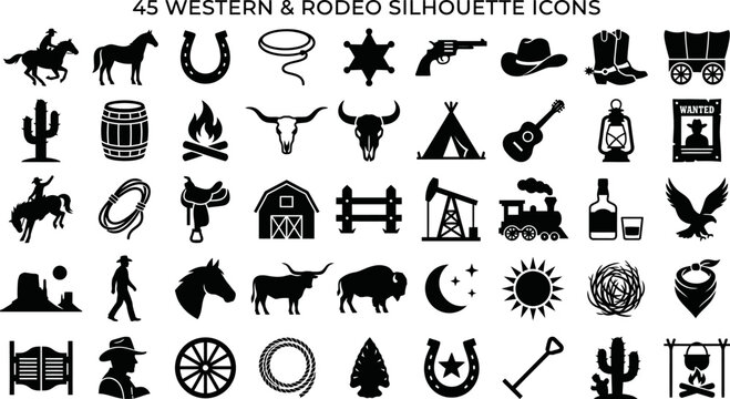 Western and rodeo icons set with silhouettes of animals and objects  cowboy culture symbols