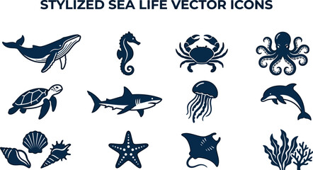 Stylized sea life vector icons including whale seahorse crab octopus turtle shark jellyfish dolphin stingray starfish coral seaweed shells © Afia