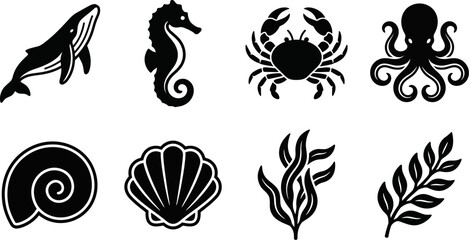 black silhouette sea ocean creatures and plants icons set on white background © Afia