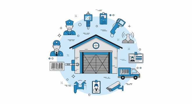 Warehouse Security and Logistics Management Illustration featuring Surveillance, Delivery Monitoring, and Asset Protection Icons