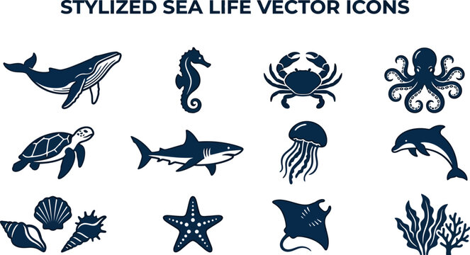 Stylized sea life vector icons including whale seahorse crab octopus turtle shark jellyfish dolphin stingray starfish coral seaweed shells