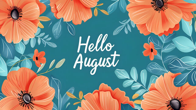Hello august floral frame with orange poppies on teal background