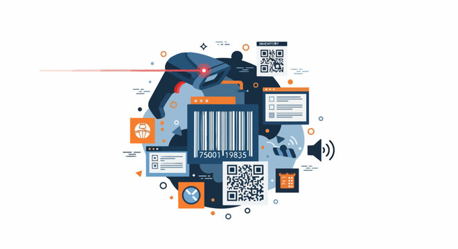 Inventory Management and Logistics Concept Illustration with Barcode Scanner, QR Codes, and Digital Data Tracking Elements