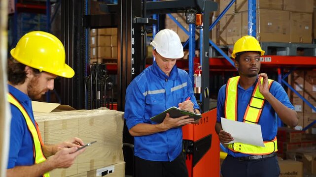 Quality control, discussion and people in warehouse with tablet, coordination and distribution. Logistics, manager and checklist in storage facility with delivery, export or shipping in supply chain