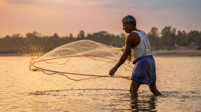 Fisherman casting a net in the river at sunset