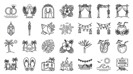 Obraz premium Create 25 unique beach wedding celebration icons, tropical flowers, lanterns, cocktails, palm trees, shells, outline vector style. white bg