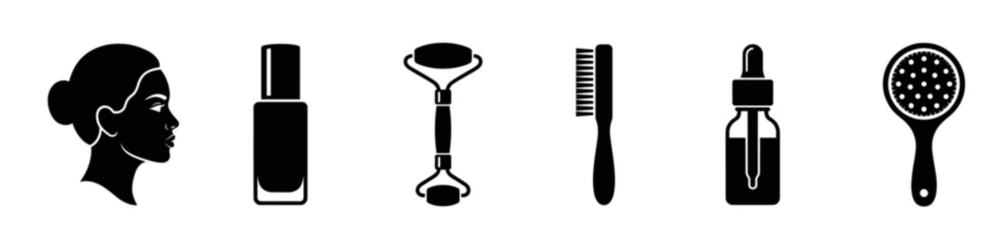 Beauty and skincare icon set including woman profile nail polish face roller hairbrush serum dropper bottle and massage brush for professional spa and salon services