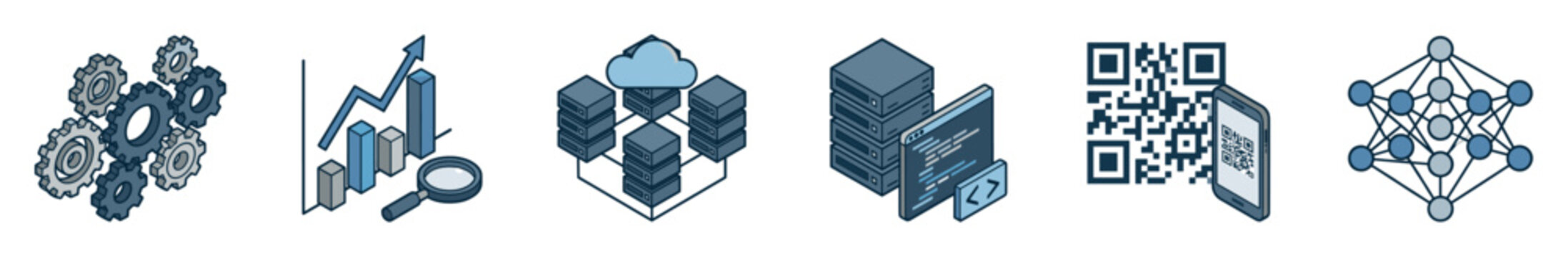 Isometric technology and business icons representing cloud computing, data analysis, gear mechanisms, server database programming, QR code scanning, and neural network connectivity