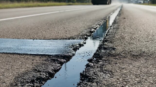 Medium shot capturing edge seal process on asphalt seam highlighting smooth compaction and material bonding under sunlight