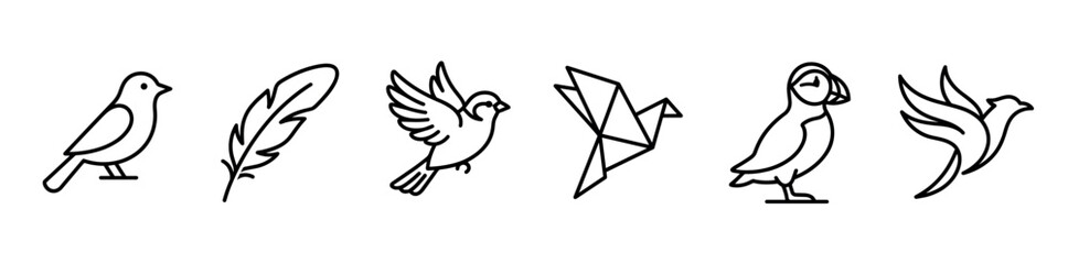 Obraz premium Bird and feather line icons featuring a sparrow, puffin, origami crane, and stylized flying birds for minimalist graphic design and branding projects