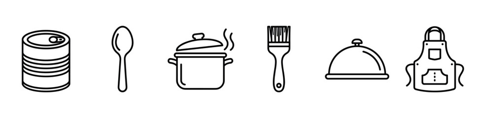 Fototapeta premium Kitchen cooking icons set with tin can spoon pot brush cloche and apron for culinary restaurant and food preparation design projects