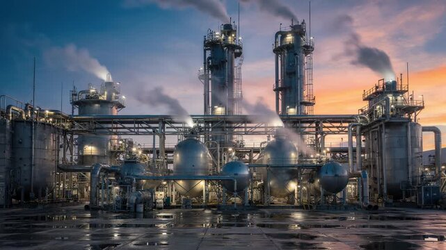 Dusk ambiance at an air separation facility highlighting glowing tanks and steaming pipes as twilight paints the sky in warm hues