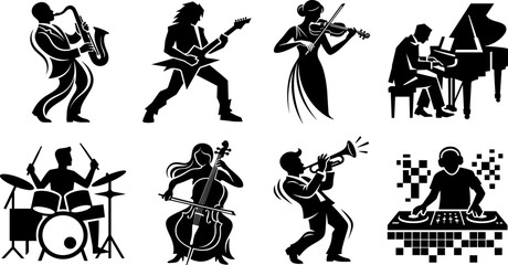 Musician black silhouettes set featuring performers playing saxophone guitar violin piano drums cello trumpet and dj mixer deck in image_a3463f.png © fulbabu