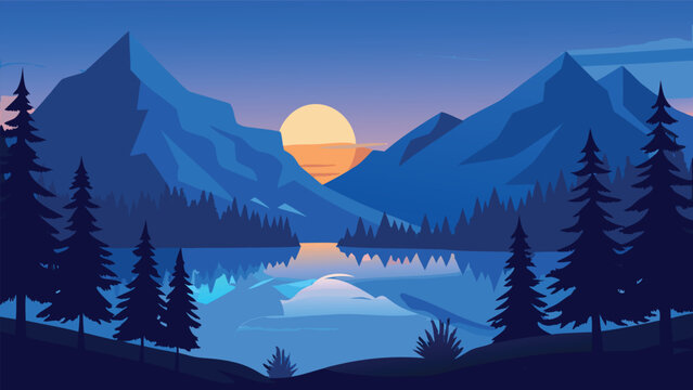 Serene mountain lake reflecting sunset with pine trees in a flat design vector illustration